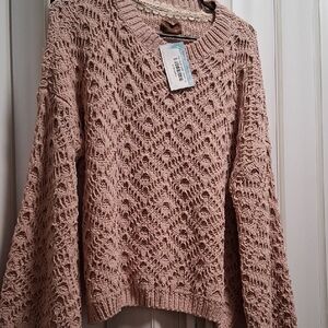 POL Pink Crew Neck Sweater with Geometric Knit